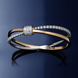 Two Tone Intertwined Design Asscher & Round Cut White Sapphire Bangle Bracelet