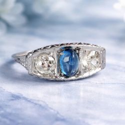 Three Stone Oval Cabochon & Round Cut Blue & White Sapphire Engagement Ring