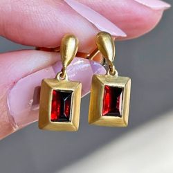 Golden Bezel Emerald Cut Garnet Sapphire Vintage Drop Earrings For Women