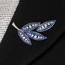 Olive Leaf Round & Asscher Cut White & Blue Sapphire Brooch Pin