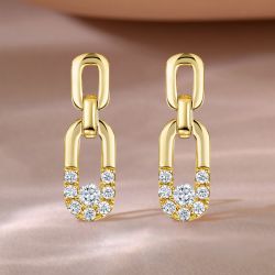 Golden Link Design Round Cut White Sapphire Drop Earrings For Women