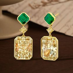 Golden Bezel Radiant & Asscher Cut Yellow & Emerald Sapphire Drop Earrings