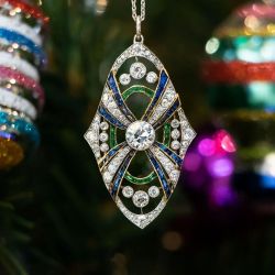 Two Tone Halo Round & Baguette Cut White & Emerald & Blue Sapphire Art Deco Pendant Necklace