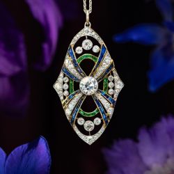 Two Tone Halo Round & Baguette Cut White & Emerald & Blue Sapphire Art Deco Pendant Necklace