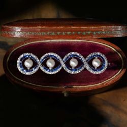 Twist Round & Baguette Cut Blue & White Sapphire & Pearl Brooch Pin