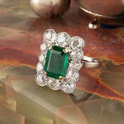 Two Tone Halo Emerald & Round Cut Emerald & White Sapphire Vintage Engagement Ring 