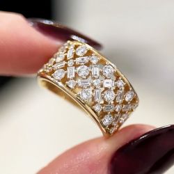 Golden Round & Baguette Cut White Sapphire Half Eternity Wedding Band Ring 