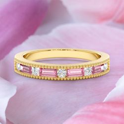 Golden Milgrain Round & Baguette Cut White & Pink Sapphire Half Eternity Wedding Band Ring