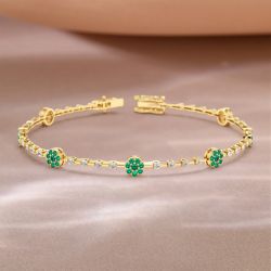 Golden Round Cut Emerald & White Sapphire Tennis Bracelet