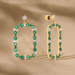 Golden Round & Baguette Cut Emerald & White Sapphire Drop Earrings For Women