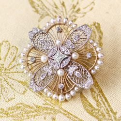 Two Tone Openwork Round Cut White Sapphire & Pearl Vintage Brooch Pin