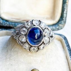 Bezel Oval Cabochon & Round Cut Blue & White Sapphire Vintage Engagement Ring