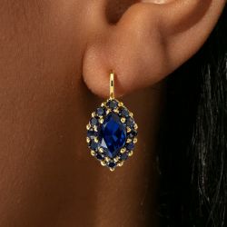 Golden Halo Marquise Cut Blue Sapphire Drop Earrings For Women
