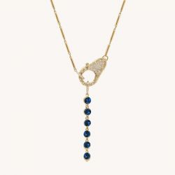 Golden Round Cut Blue & White Sapphire Lock Pendant Necklace For Women