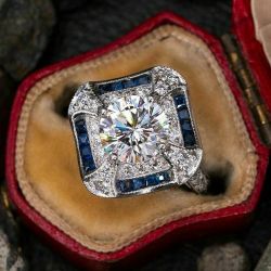 Halo Round & Baguette Cut White & Blue Sapphire Art Deco Engagement Ring For Women
