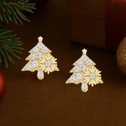Golden Christmas Tree Round Cut White Sapphire Stud Earrings