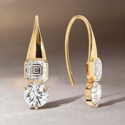 Golden Two Stone Asscher & Round Cut White Sapphire Drop Earrings For Women