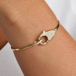 Gloden Lock Design Round Cut White Sapphire Bangle Bracelet