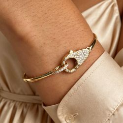 Gloden Lock Design Round Cut White Sapphire Bangle Bracelet