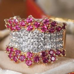 Two Tone Round Cut White & Ruby Sapphire Cluster Half Eternity Wedding Band Ring For Women