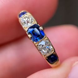 Golden Cushion & Oval Cut Blue & White Sapphire Vintage Engagement Ring