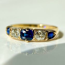 Golden Cushion & Oval Cut Blue & White Sapphire Vintage Engagement Ring