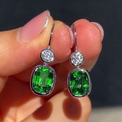 Bezel Cushion & Round Cut Emerald & White Sapphire Drop Earrings For Women