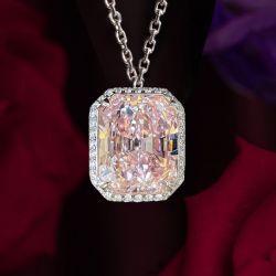 Halo Radiant Cut Pink Sapphire Pendant Necklace For Women