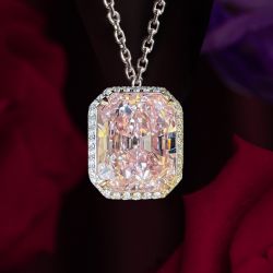Halo Radiant Cut Pink Sapphire Pendant Necklace For Women