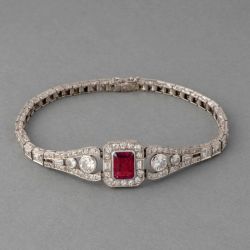 Halo Emerald Cut Ruby & White Sapphire Art Deco Tennis Bracelet For Women