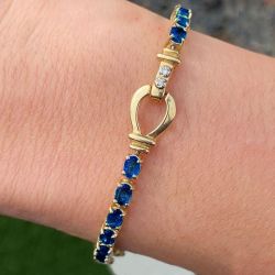 Golden Oval Cut Blue Sapphire Tennis Bracelet For Women