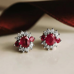 Halo Oval & Round Cut Ruby & White Sapphire Vintage Stud Earrings For Women