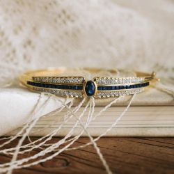 Golden Oval & Asscher & Round Cut Blue & White Sapphire Bangle Bracelet