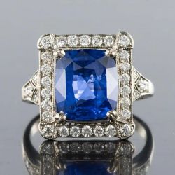 Halo Cushion & Round Cut Blue & White Sapphire Art Deco Engagement Ring