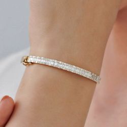 Golden Triple Row Baguette & Round Cut White Sapphire Bangle Bracelet