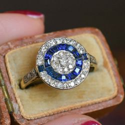 Two Tone Halo Round & Baguette Cut White & Blue Sapphire Art Deco Engagement Ring