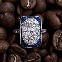 Pave Setting Round & Baguette Cut White & Blue Sapphire Art Deco Engagement Ring