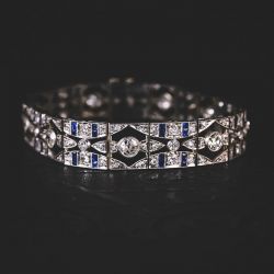 Milgrain Round Cut White & Blue Sapphire Art Deco Tennis Bracelet