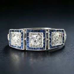 Nextearrings Halo Round & Baguette Cut White & Blue Sapphire Art Deco Engagement Ring