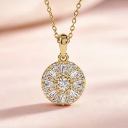 Golden Halo Round & Baguette Cut White Sapphire Pendant Necklace
