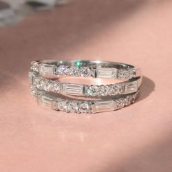 Triple Row Baguette & Round Cut White Sapphire Half Eternity Wedding Band Ring