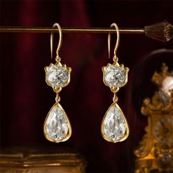 Golden Cushion & Pear Cut White Sapphire Vintage Drop Earrings