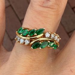 Golden Leaf Design Marquise & Round Cut Emerald & White Sapphire Half Eternity Wedding Band
