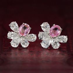 Flower Oval & Pear Cut Pink & White Sapphire Vintage Stud Earrings