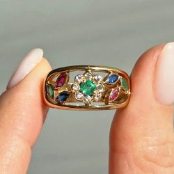 Golden Halo Round & Marquise Cut Emerald & Ruby & Blue Sapphire Wedding Band Ring
