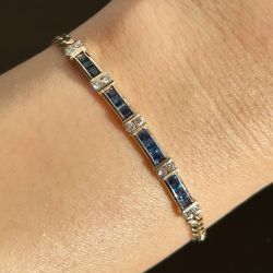 Golden Channel Setting Asscher & Round Cut Blue & White Sapphire Tennis Bracelet