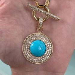 Golden Halo Round Cut Turquoise & White Sapphire Pendant Necklace