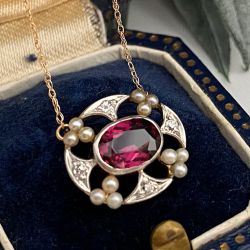 Two Tone Bezel Oval & Round Cut Ruby Sapphire & Pearl Vintage Pendant Necklace