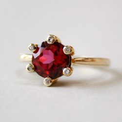 Golden Round Cut Ruby & White Sapphire Engagement Ring