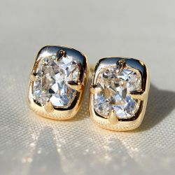 Golden Solitaire Cushion Cut White Sapphire Stud Earrings